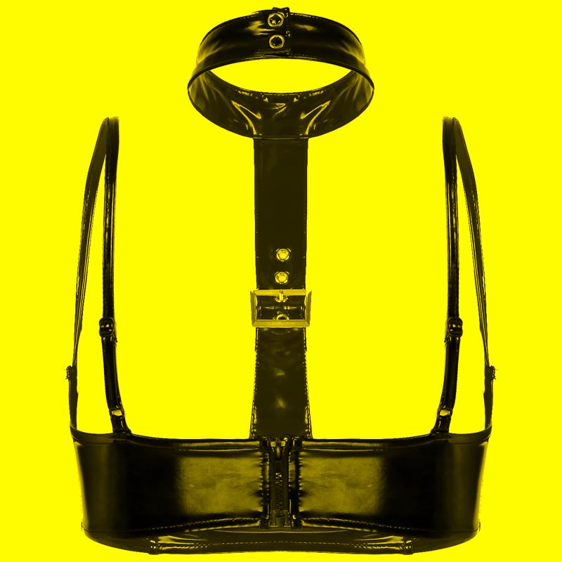 

Bras Women Glossy Patent Leather Bustier Halter Adjustable Straps Sexy Crop Top Hollow Out Underbust Corset ClubwearBras BrasBras, Black