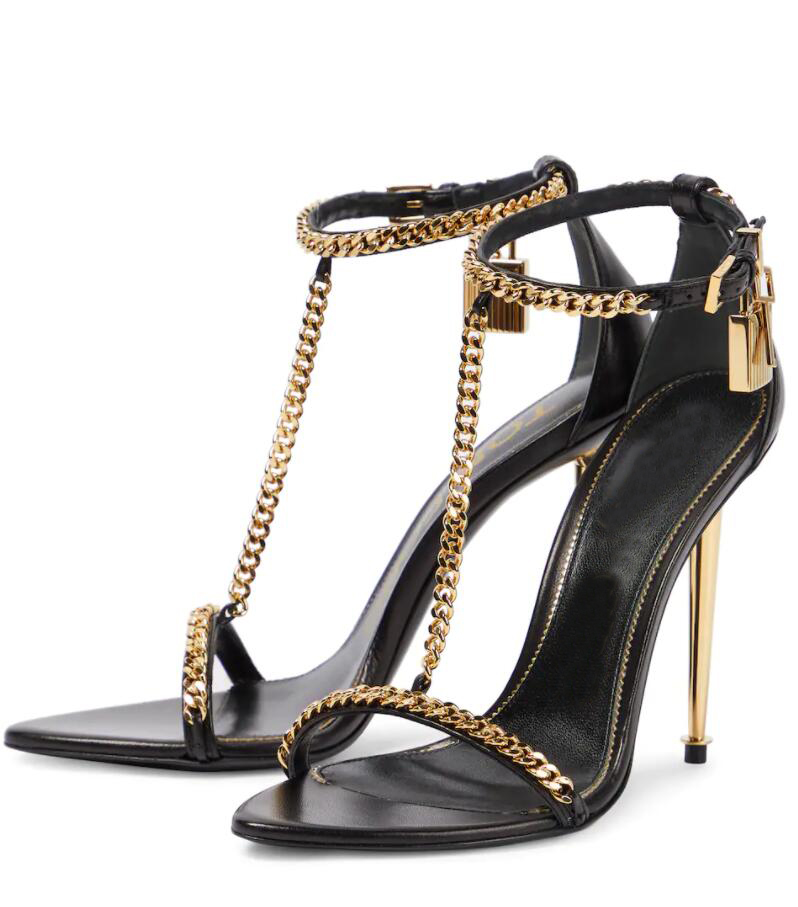 

Summer Prefect Tomfo Gold Chain Link Sandals Shoes Padlock Pointy Naked Women Luxury Designer Lady High-heeled Party Wedding Gladiator Sandalias, 13