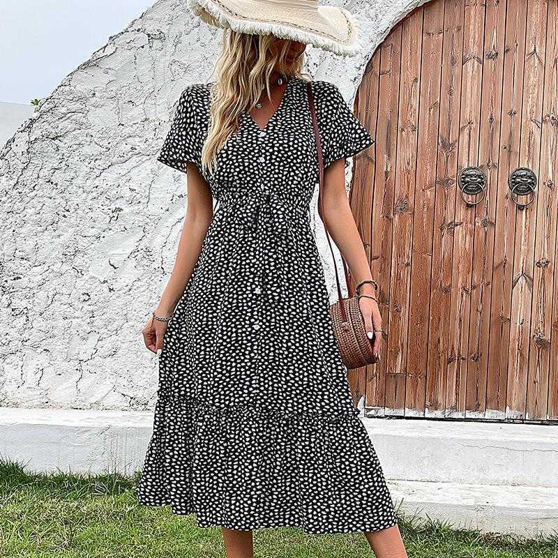 

Summer Elegant Womens Clothing Dress Split Ruffled Leopard Print, Black