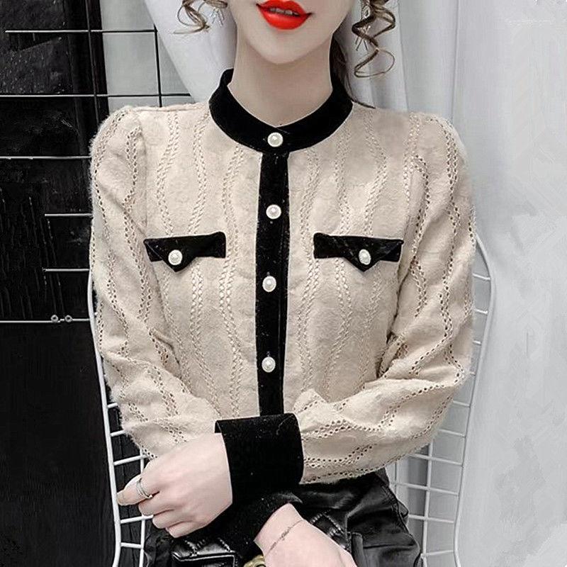 

Women' Blouses Blouse Lace Grinding Shirt 2023 Autumn And Winter Long-sleeved Bottoming Qi Contrast Color Stitching Small Female, White