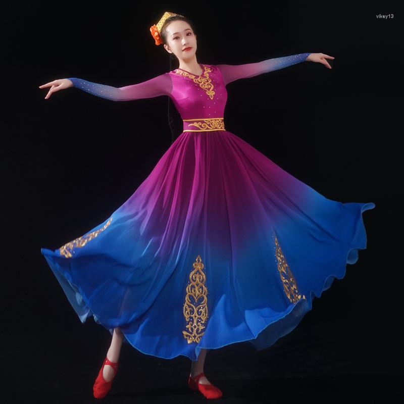 

Stage Wear Xinjiang Dance Costumes Female Adult Uygur Ethnic Chinese Folk National Costume Modern Opening Dress TA2584