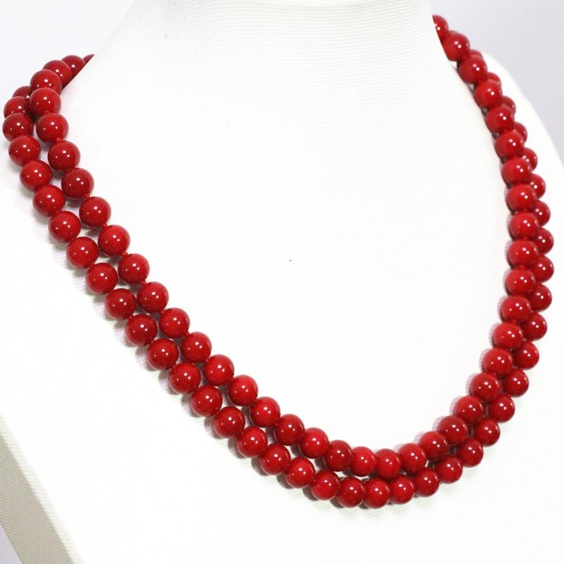 

Chains European Imitation Red Coral Round Beads 8 10 12mm Pretty Women Necklace Fit Clothes Long Chain Jewelry 36inch B1488