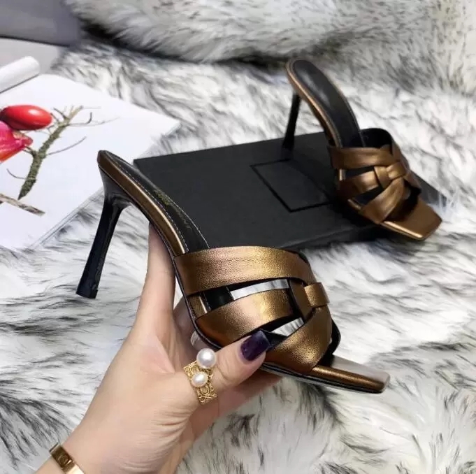 

22s Women slipper high heels sandals tribute genuine leather patent top luxury designer slides slippers with box