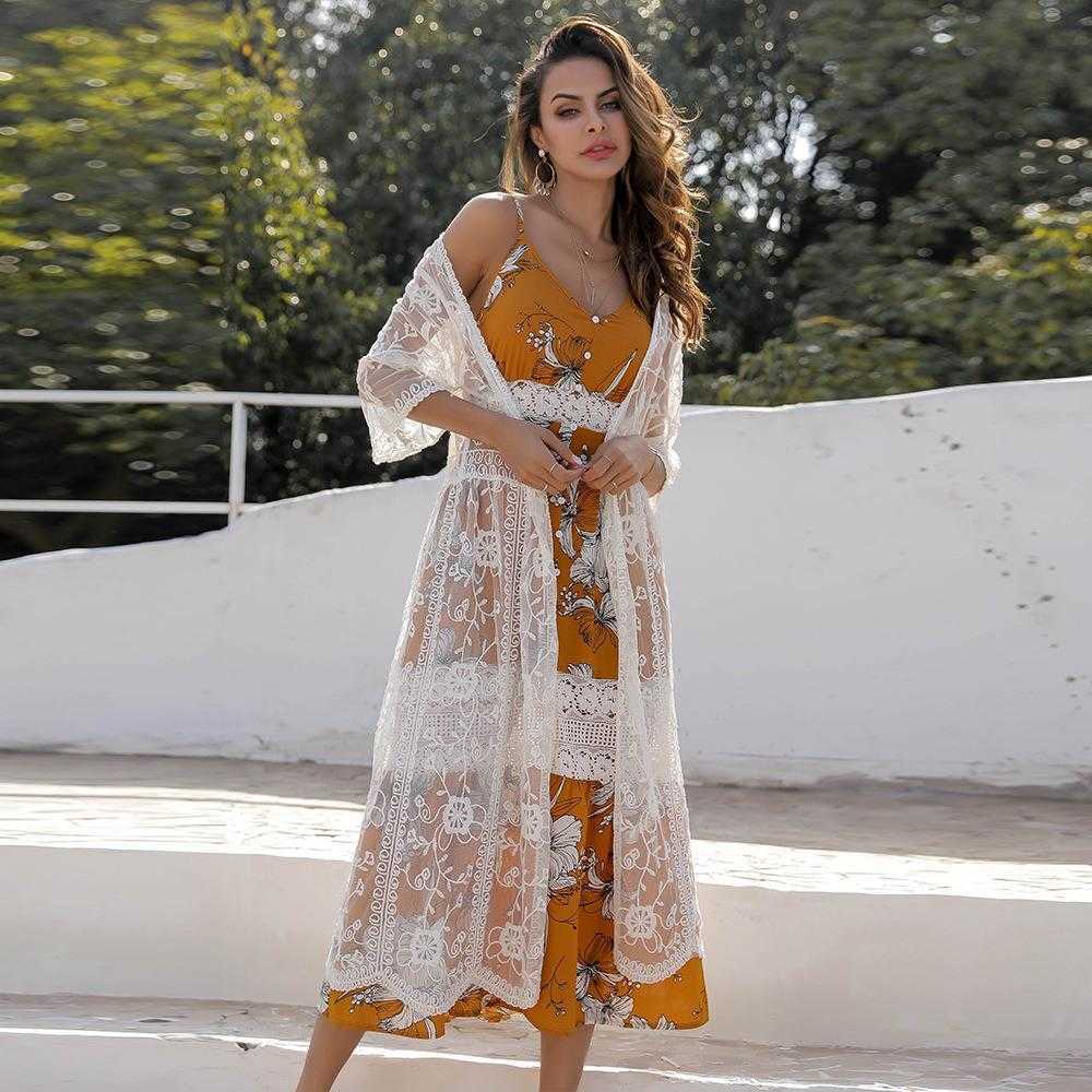 

Solid Color Lace Embroidery Up Cardigan Long Bikini Beach Cover, White