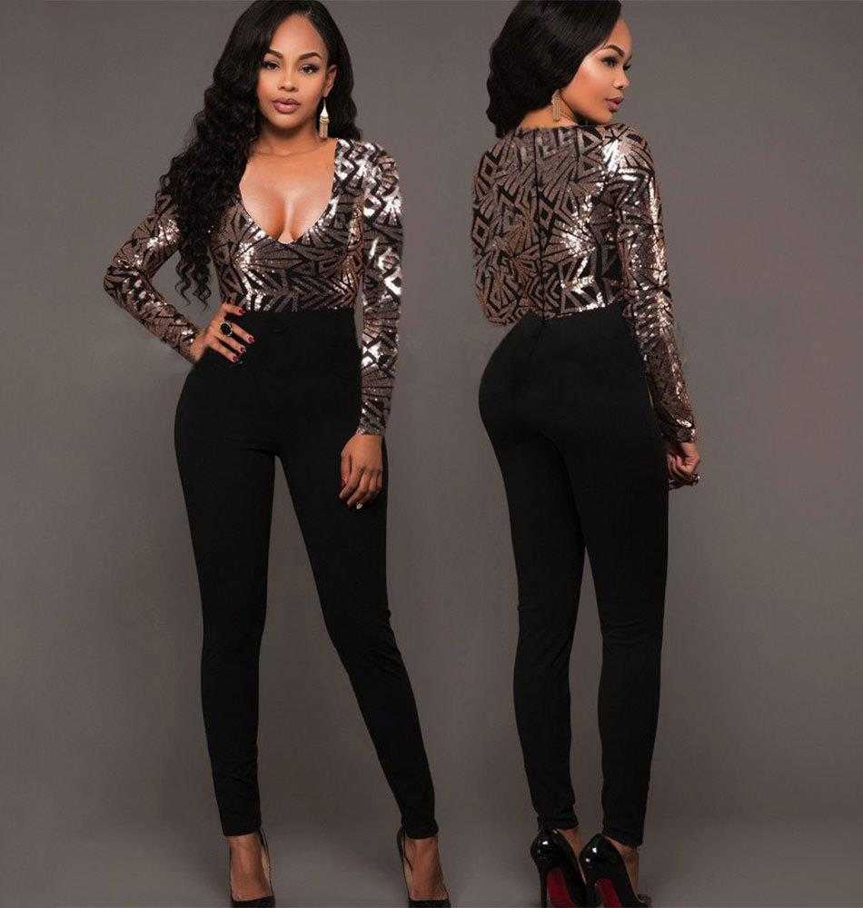 

Womens Sexy Jumpsuits Deep V Neck Stitching Sequined Long Sleeve Jumpsuit, Black