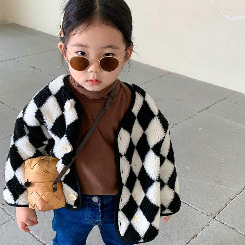 

Jackets Girls' Korean Children's Clothing 2023 Autumn And Winter Plus Fleece Plaid Woolen Warm Lamb Wool Casual Jacket, Cz1233 photo color