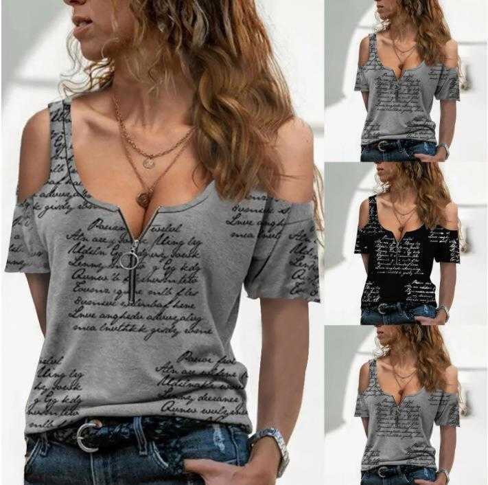 

Womens Fashion Casual Letter Blouses Print Short Sleeve V Neck Zipper Off, Black