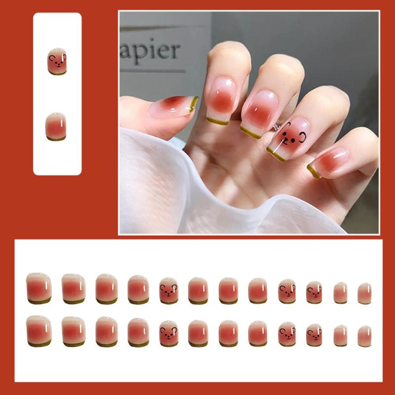 

False Nails Lovely Strawberry Tomato Print Kawaii Cartoon Bear Elegant Blush Design Artificial NailsFalseFalse