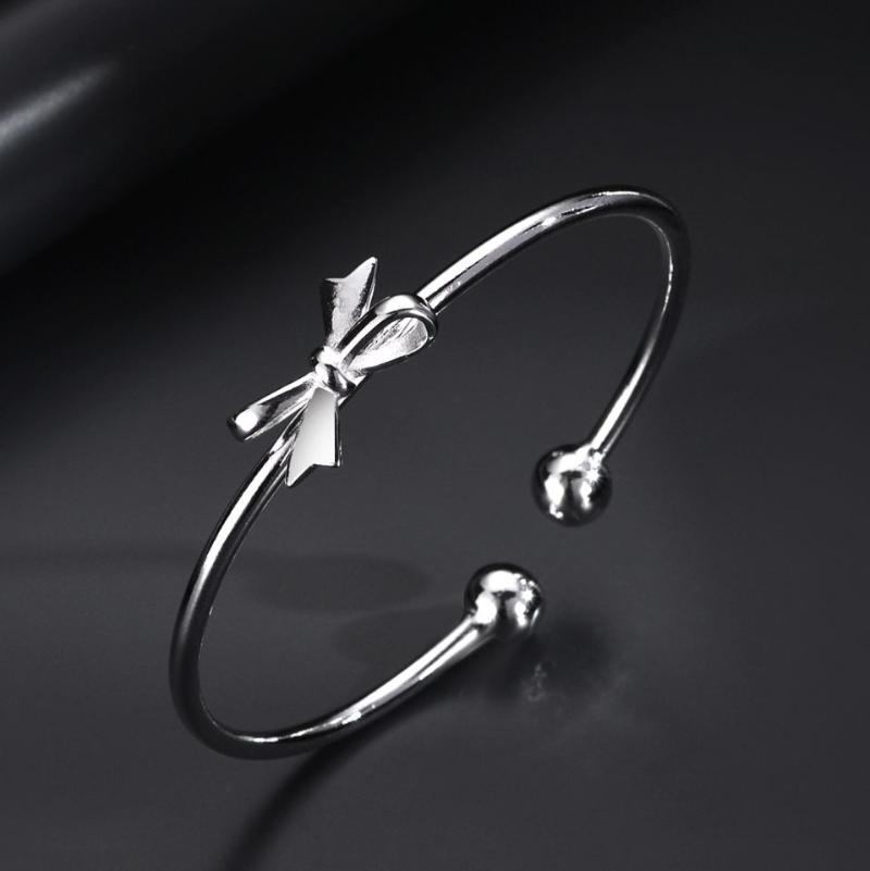 

Bangle Silver Plated Cute Woman Romantic Bow Bangles For Women Bracelets Fashion Party Wedding Jewelry Holiday Gifts Noble CuffBangle