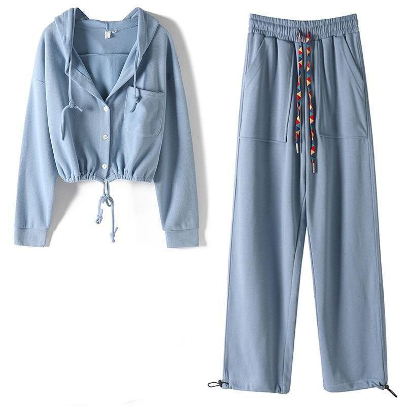 

Gym Clothing Sports Outer Suit 2023 Autumn Leisure Korean Version Loose Long-sleeved Sweater High-waist Wide-leg Pants Two-piece, Blue