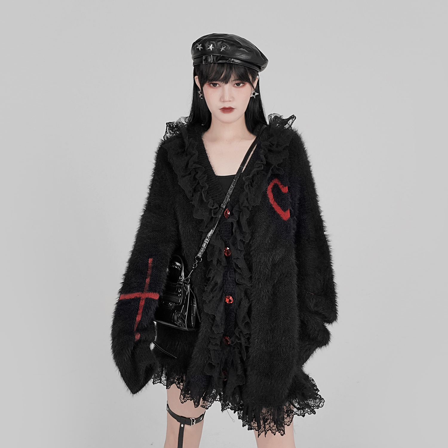 

Women s Jackets Autumn Winter Harajuku Cross Love Lace V neck Black Kawaii Girl Loose Long Sleeve Thick Fashion Sweet Knitting Coat 230225