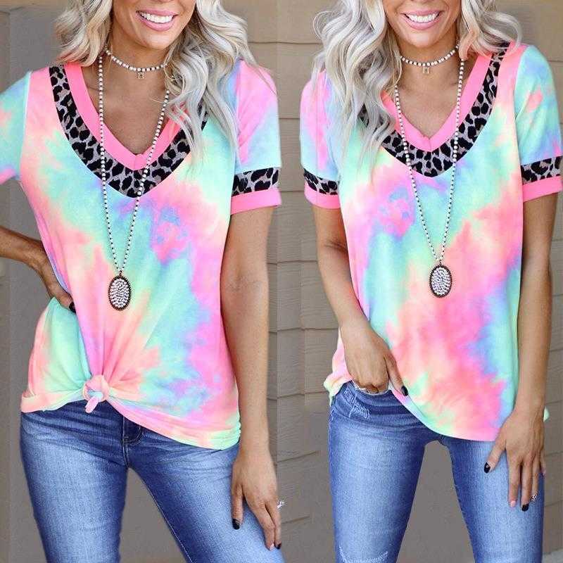 

Summer Tie Dye Printed Shirts Short Sleeve Polyester V Neck Casual T Shirt, Color tie dye