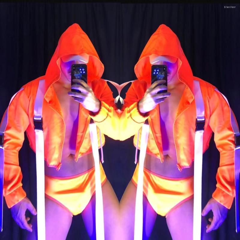 

Stage Wear Club Bar Dancer Costume Male Fluorescent Orange Suit Pole Dance Clothes Party Rave Outfit Nightclub Dancewear VDB4031, Coat-shorts