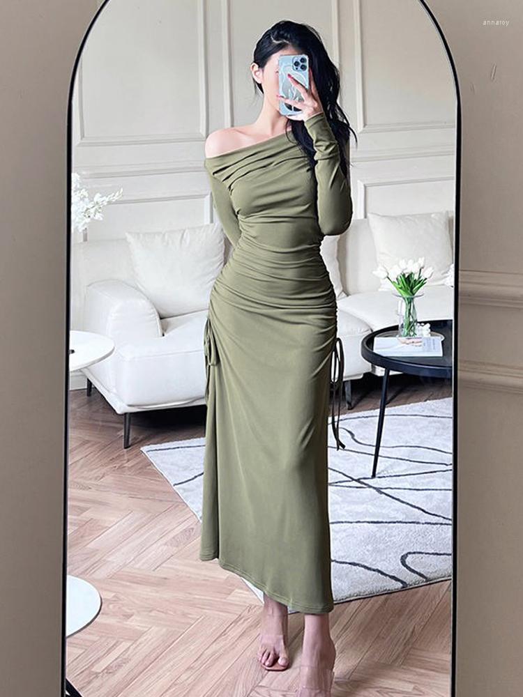 

Casual Dresses Women' Long Dress Fashion Lace Up Ruched Sleeve Elegant Party Club Women Christmas One Word Collar Sexy, Long green dress