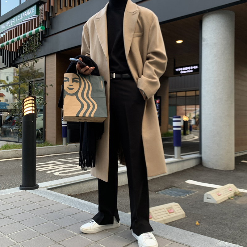 

Men's Wool Blends Winter Long Woolen Coat Warm Fashion Casual Thick Korean Style Loose Oversized s Overcoat 230225, Black