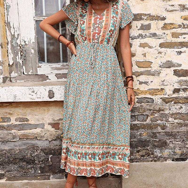 

Long Dress Retro Printed Green Slimming Casual For Women Summer