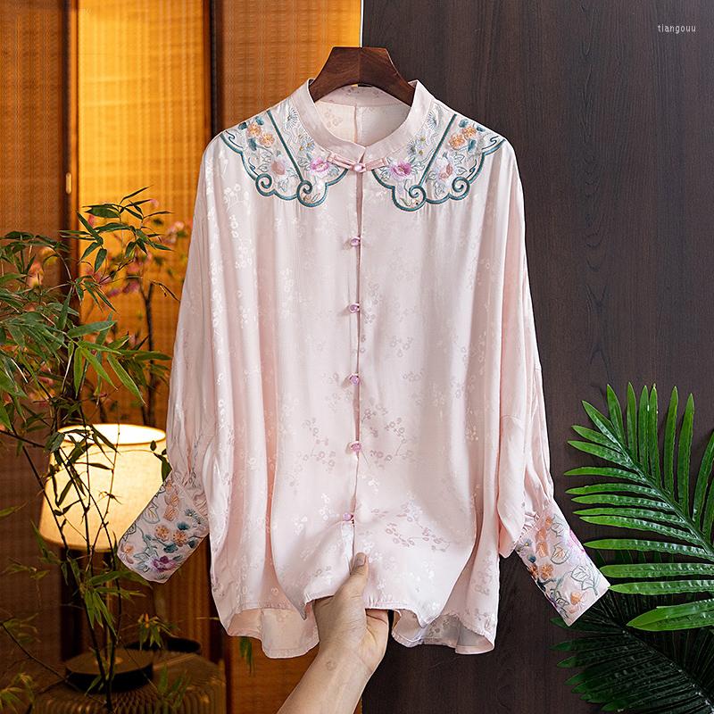 

Women' Blouses Chinese Style Rayon O-Neck Long-Sleeved Shirt Women' Spring Retro Embroidery Single Breasted Elegant Lady Top -XXL, Pink