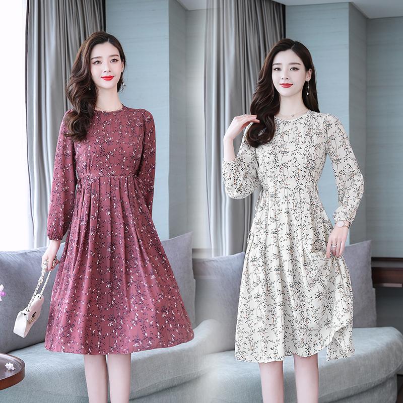 

Casual Dresses 2023 Spring And Summer Women' Elegant Retro Chiffon Print Dress Slim Thin Floral Cute Long Sleeve Party, Pink