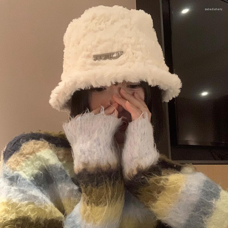 

Berets Plush Fisherman Hat Warm Bucket Basin Big Head Circumference White