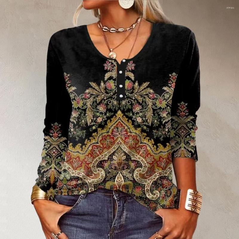 

Women' Blouses Classic Pullover Top Anti-Fade Spring T-shirt Long Sleeve Ethnic Style Flower Print Versatile, Green