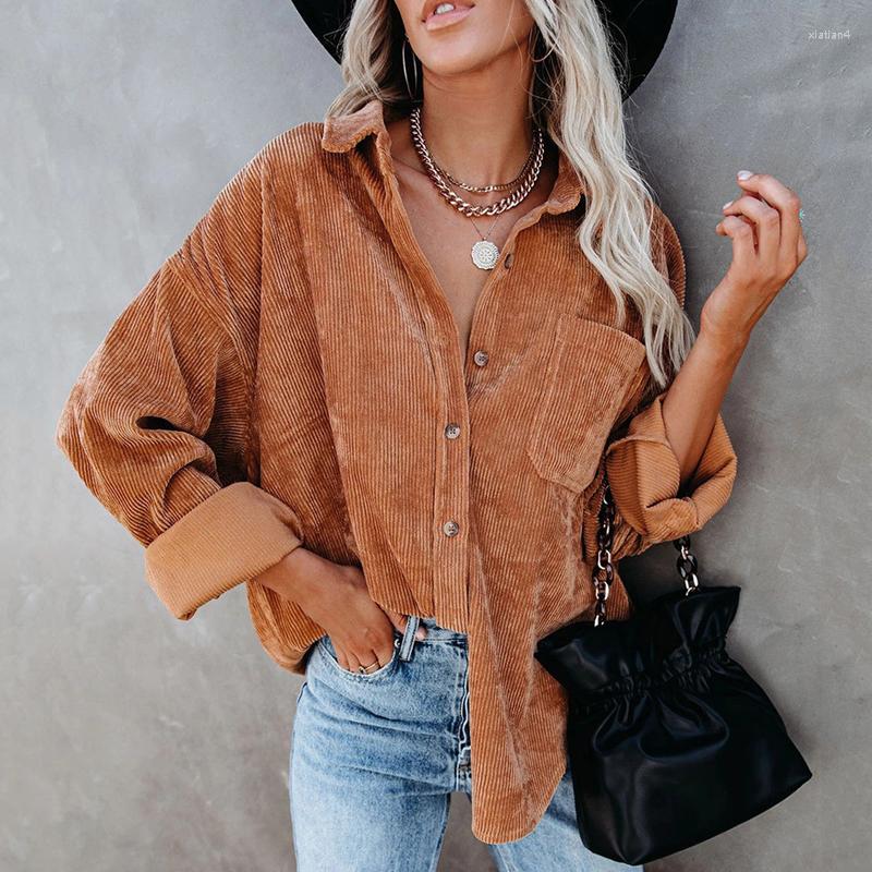 

Women' Blouses Autumn Winter Corduroy Women Shirt Fashion Turn-down Collar Batwing Sleeves Loose Coat Female Streetwear Casual Shirts, Green