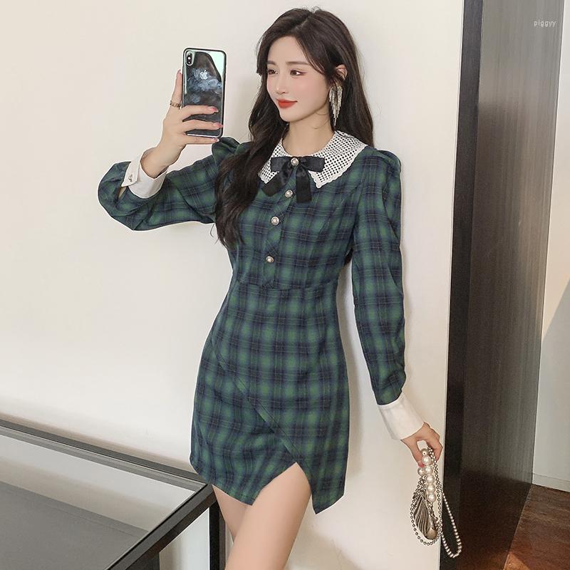 

Casual Dresses 2023 Spring French Retro Puff Sleeves College Style Dress With Waist Temperament Doll Collar Short Skirt Above Knee Mini, Green grid picture c