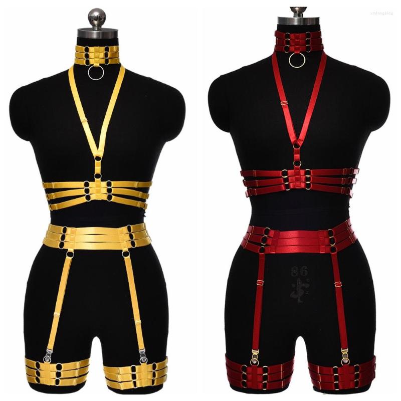 

Garters Goth Collar Crop Top Cage Bra Adjustable Bondage Stocking Harness Garter Belt Multicolor Elastic Strap Rave Wear Body, O0784-fcl