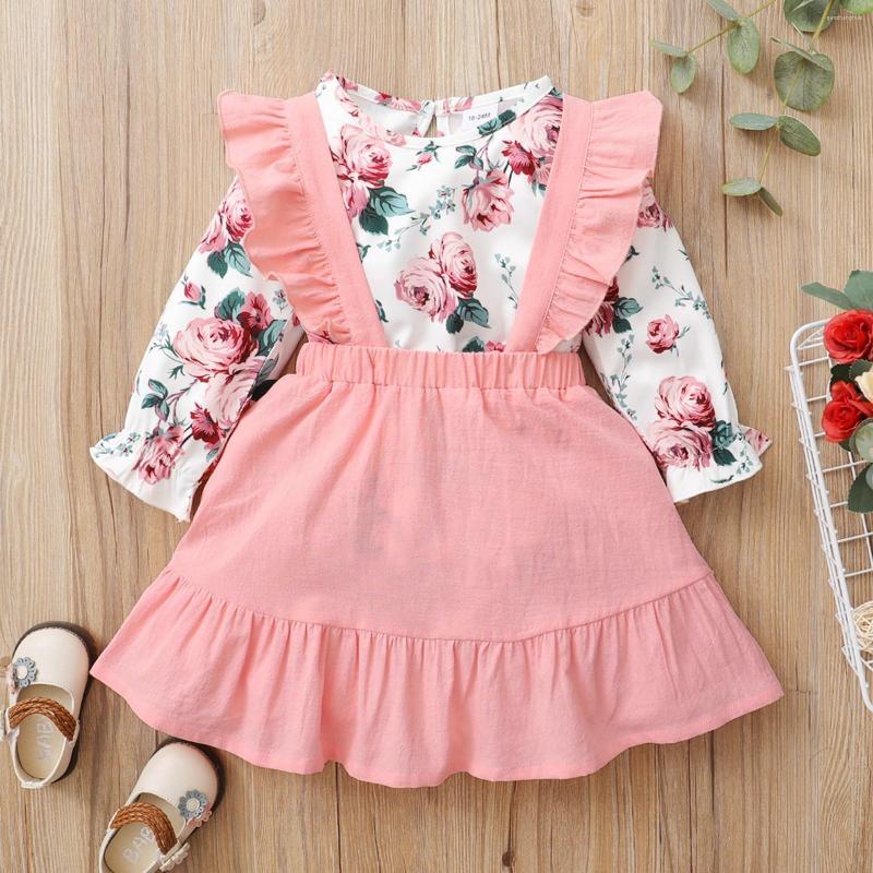 

Clothing Sets 1-5T Est Arrival Kids Girls Clothes Set Children Rose Print Long Sleeve O-neck T-shirt Solid Color Suspender Skirt Outfits, Picture shown