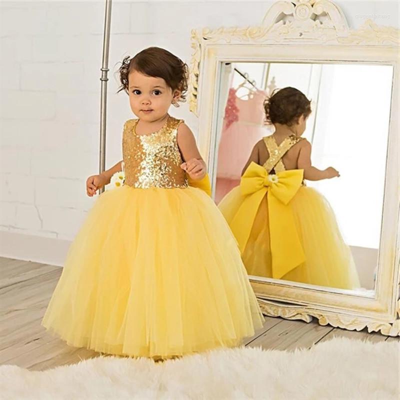 

Girl Dresses Yellow Puffy Flower Dress Baby Birthday Sequin Top With Big Bow Little Girls Pageant Party Gown Custom, White