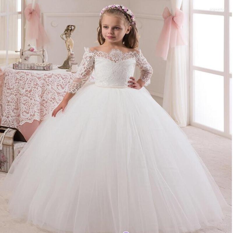 

Girl Dresses Vintage Flower Girls For Weddings Party Lace Appliques Long Sleeve Tulle Little Kids First Holy Communion, Pink