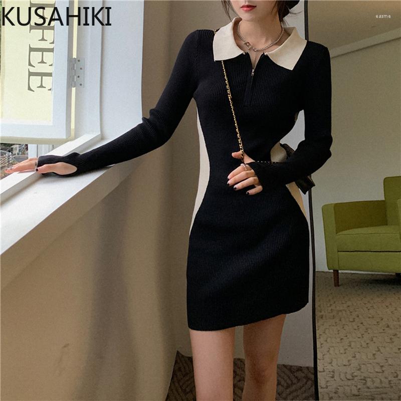 

Casual Dresses KUSAHIKI Sexy Turn-down Collar Knitted Bottoming Dress Women Autumn Winter Contrast Long Sleeve Slim Mini Sweater Vestido, Black
