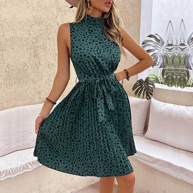 

Summer Sleeveless Halterneck Skirt Pleated Casual Dresses Green Leopard Print