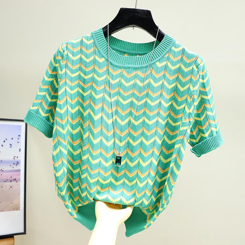 

Women's T Shirts Summer Arrival Short Sleeve O-neck Patchwork Hollow Out Sweater Women Fresh Cute Loose Knitted Pullover TopsWomen's, Green