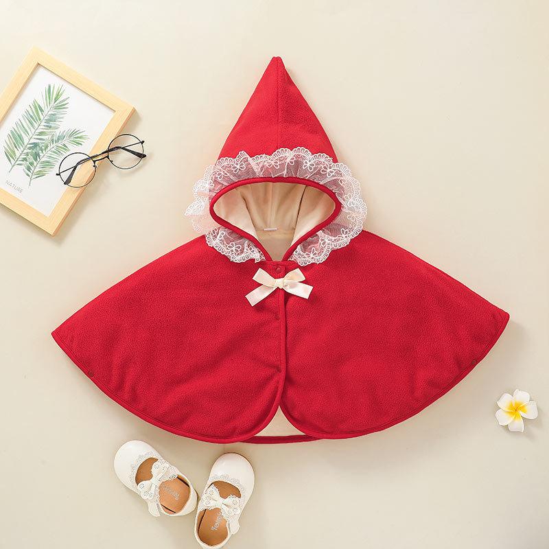 

Jackets Girl Baby Romper Princess Hooded Lace Pure Red Thick Autumn Winter Models Keep Warm Female Kid Toddler Cloak