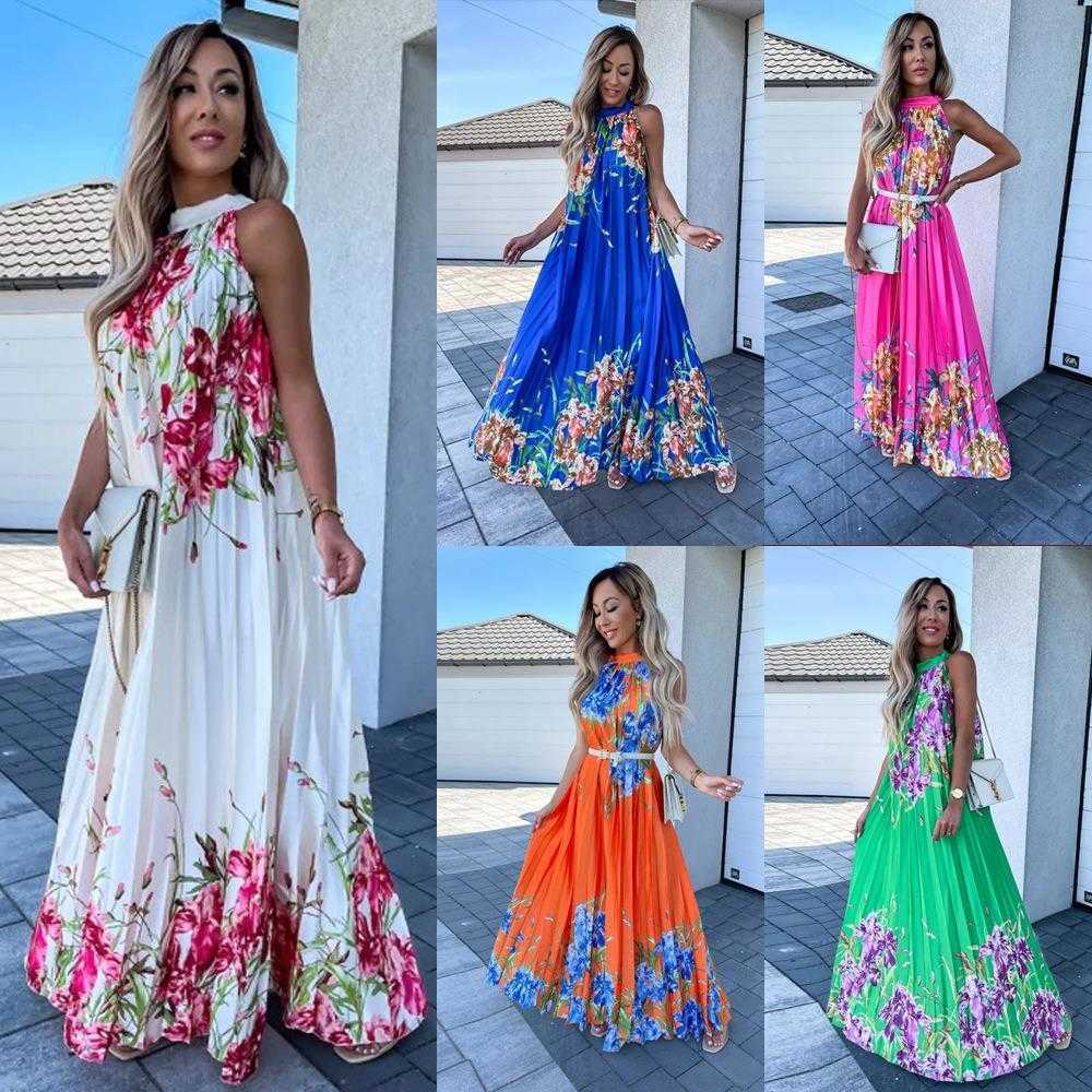 

Summer Womens Fashion Printed Halter Dresses Sleeveless Pleated Large Swing, Blue