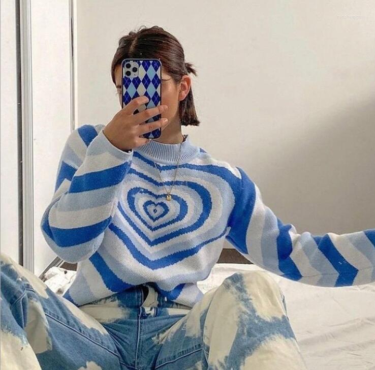 

Women' Sweaters Y2K Knitted Sweater Aesthetics Heart Striped Pullovers Girls Sweet Long Sleeve Turtleneck Jumper Autumn Streetwear, Green