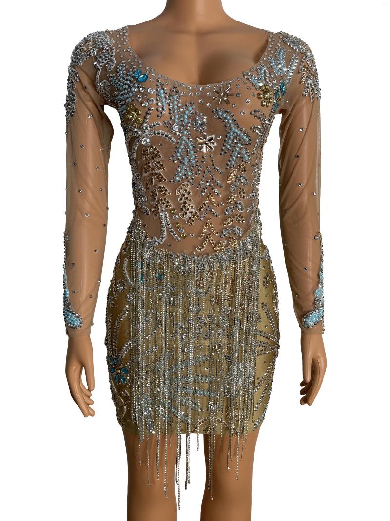 

Stage Wear Sexy Stretch Rhinestones Outfit Prom Party Costume Shining Evening Celebrate Crystals Chains Fringes Dress Dancer Lanhai, Nude