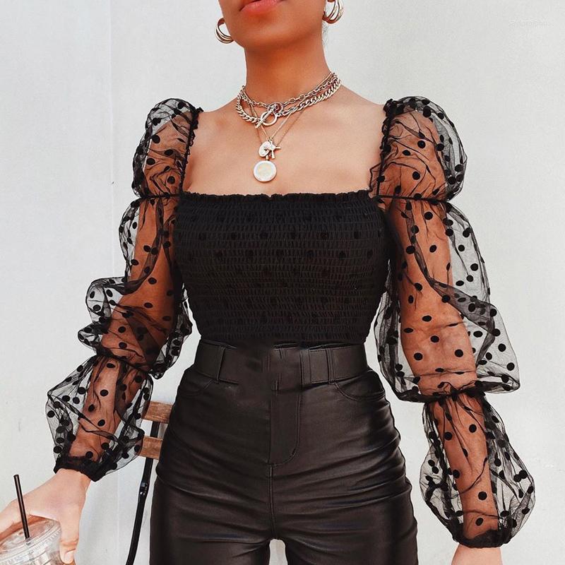 

Women' Blouses 2023 Sexy Women Wrinkled Backless Blouse Shirt Mesh Sheer Puff Sleeve Wrap Chest Tops Spring Autumn Ladies Dots, Orange