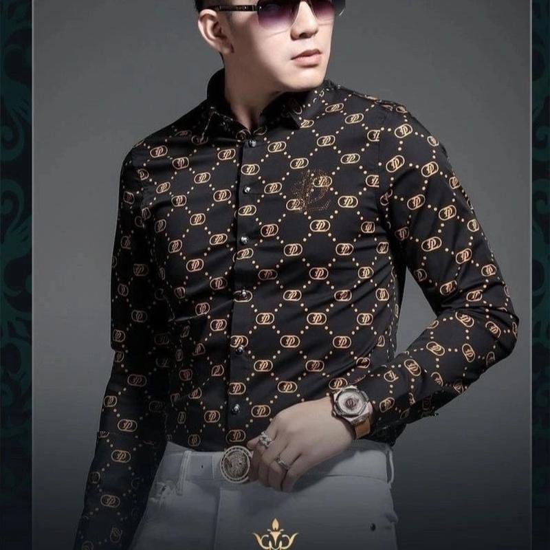 

Men's Casual Shirts High-end Plaid Long-sleeved Shirt Slim-fit Lapel Printed Pattern Clothes Button Down, Black