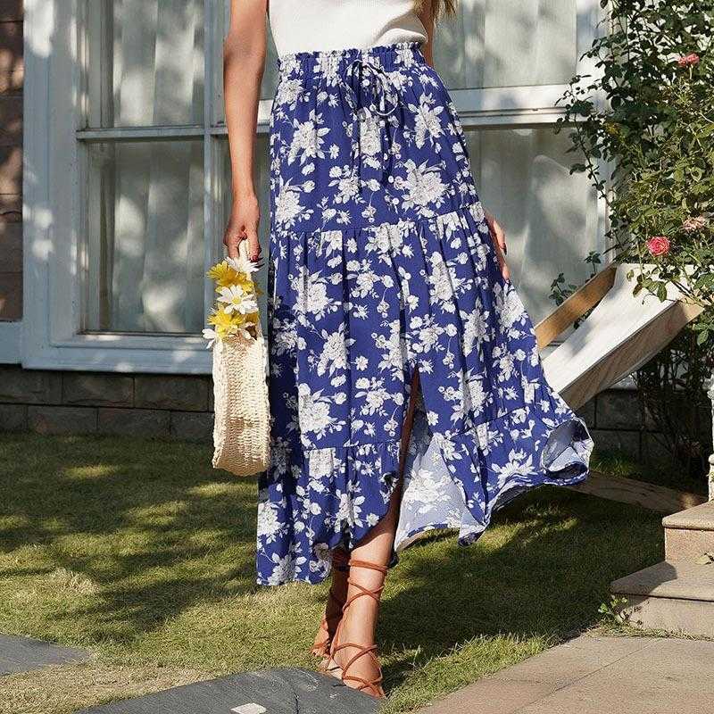 

Long Dress Elastic Printed Skirts Summer Split Floral Pleated Skirt For Women, Royal blue