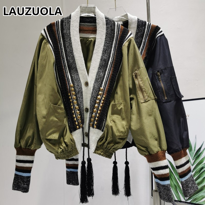 

Women s Jackets Korean Style Varsity Jacket Autumn Winter Fashion Patchwork Striped Knitted V Neck Tassel Drawstring Coat Outwear 230225, Black