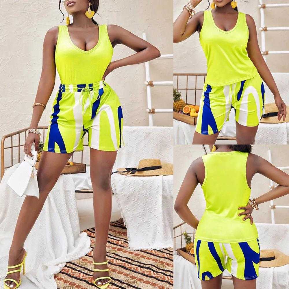 

Summer Fashion Printed Vest Home Pants Leisure Polyester Suit Female, Yellow