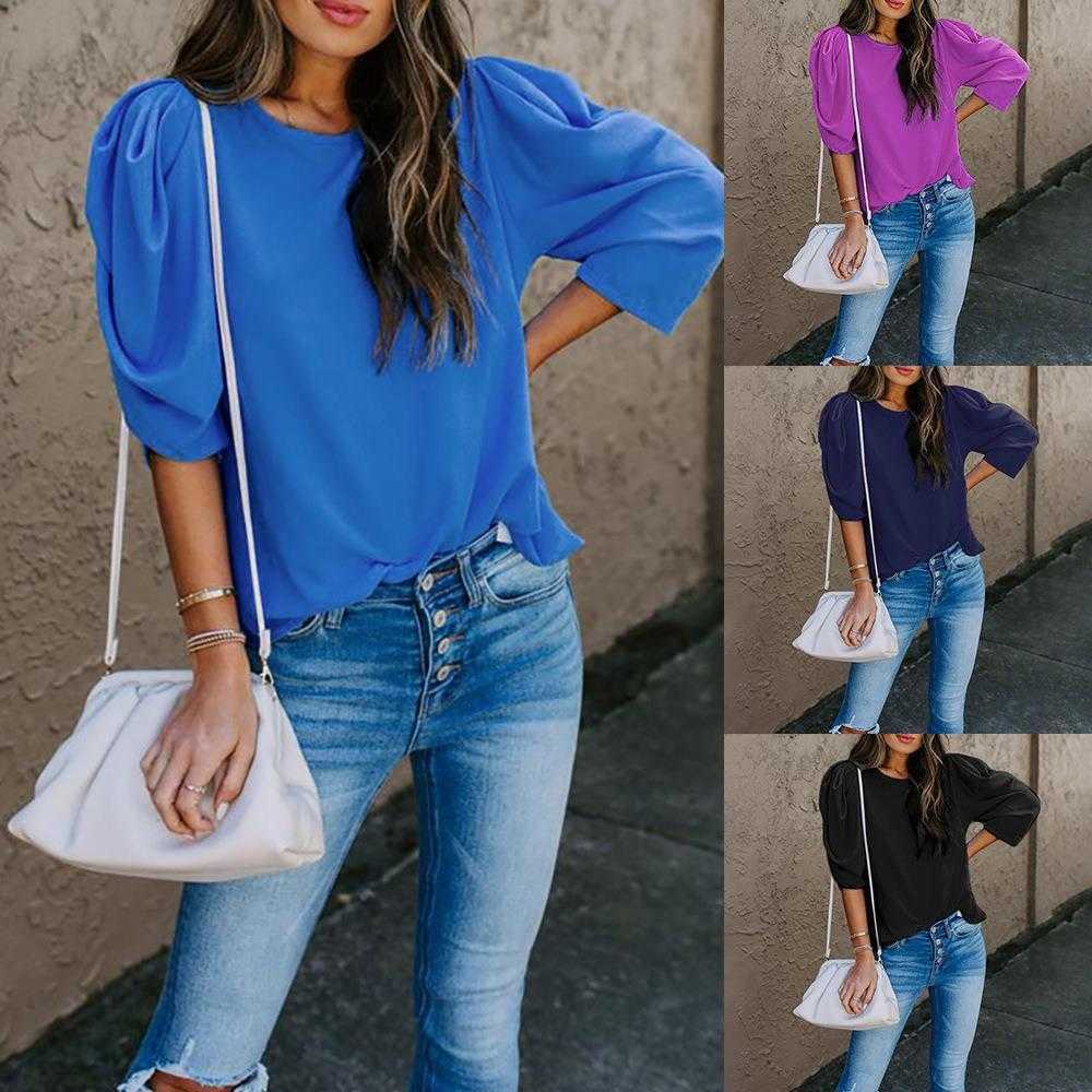 

Summer Solid Color Three Quarter Shirt Length Sleeve Crew Neck Casual Loose, Purple