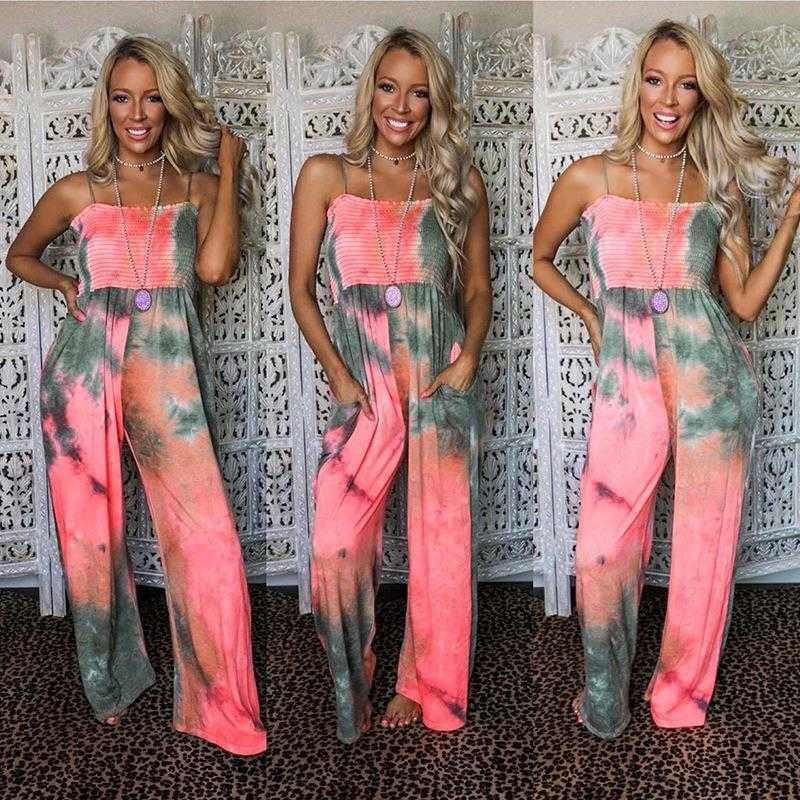 

Summer Womens Clothes Loose Rompers Printing Gallus Siamese Trousers, Red