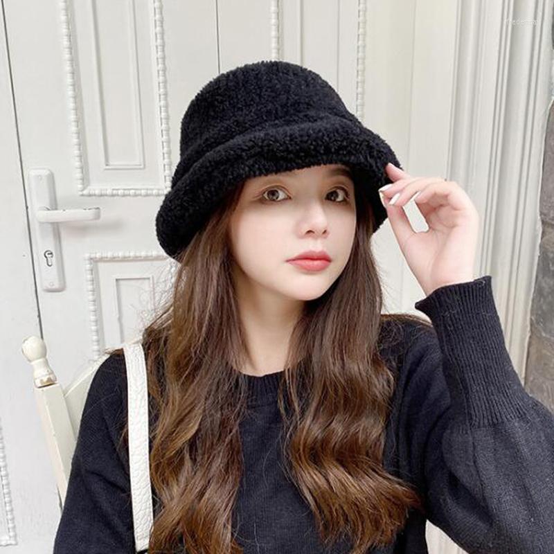 

Berets Winter Warm Teddy Velvet Hats For Women Lady Thicken Bob Panama Outdoor Fisherman Hat Caps Lamb Faux Fur Bucket, White