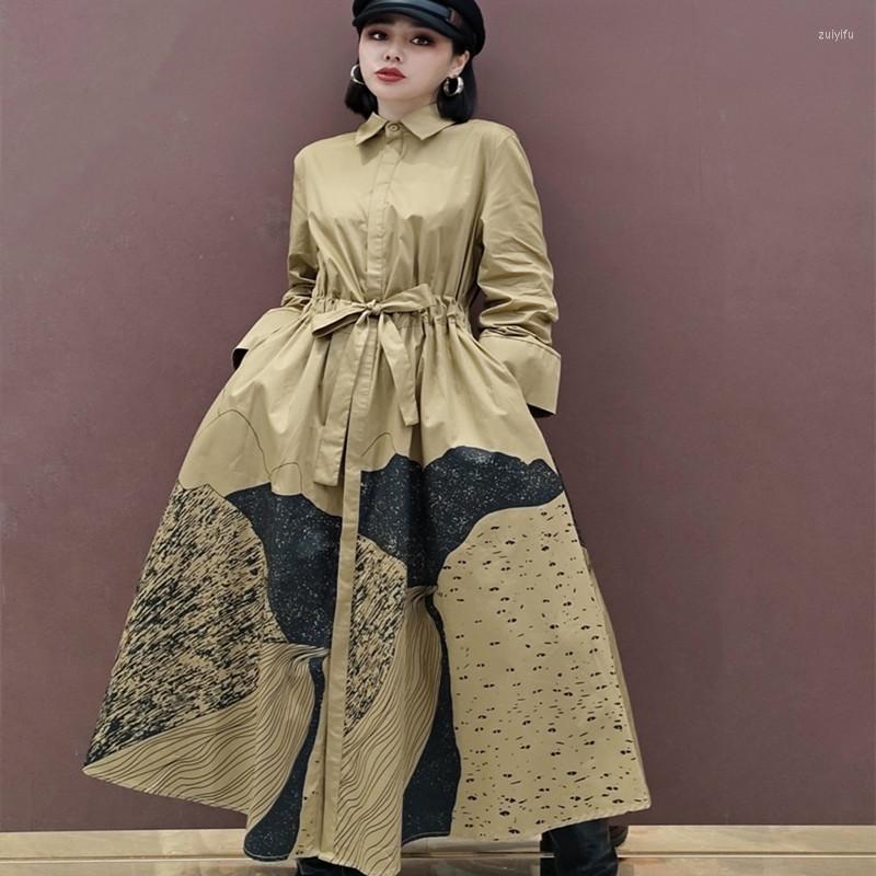 

Casual Dresses Elegant Printing Shirt Dress For Women Spring Fall Long Sleeve Turn Down Collar A Line Thin Blouse Windbreaker, Khaki