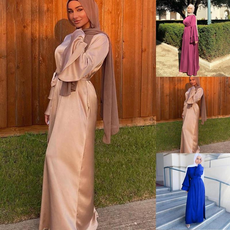 

Ethnic Clothing JAYCOSIN Women Dress Arab Muslim Soft Satin Puff Long Sleeve Maxi Solid Color Wrap Front Self-Tie Dubai Turkey Hijab Robe