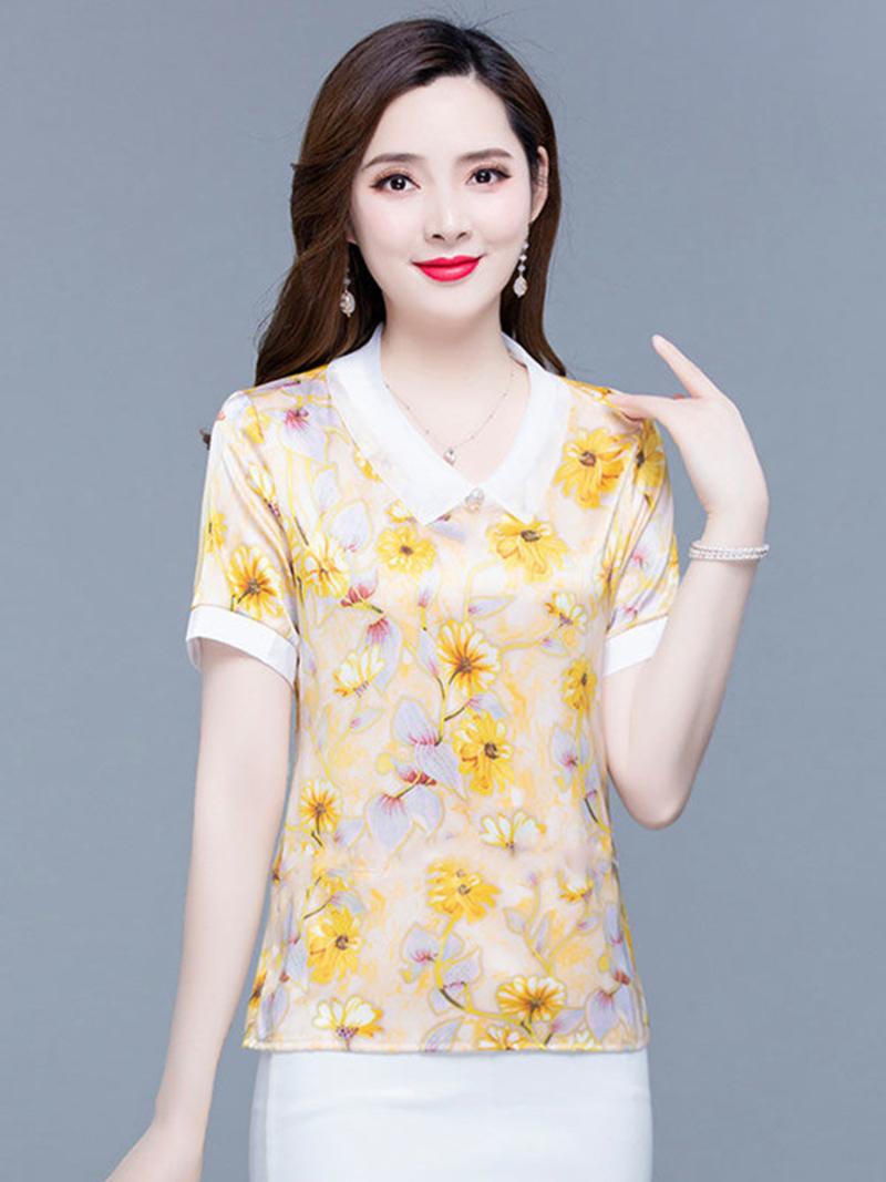 

Women's Blouses & Shirts Women Spring Summer Lady Fashion Casual Short Sleeve Turn-down Collar Flower Printing Blusas Tops2483Women's, Yellow