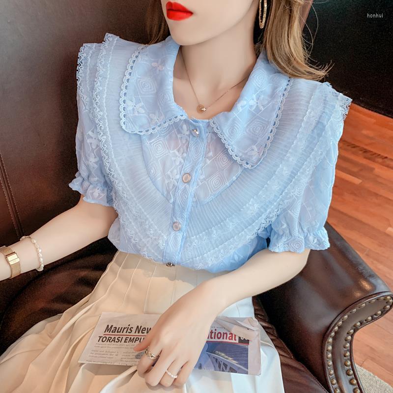 

Women' Blouses Super Blouse Immortal Reduction Lace Collar Chiffon Shirt Western Flower Stitching Lotus Leaf Versatile Short Sleeve Top, Blue