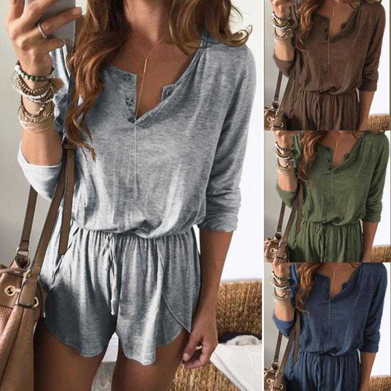 

Womens Clothing Pure Color Tied Romper Long Sleeve Shorts Jumpsuit, Khaki